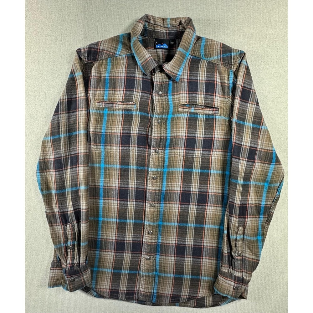 KAVU Shirt Men's Large Brown Plaid Flannel Snap Button Up Pockets Outdoor